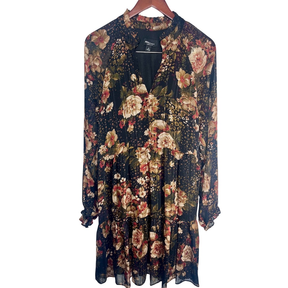 RN Studio Dress Women 14 Black Floral Metallic Stripe Tiered Chiffon Cottagecore